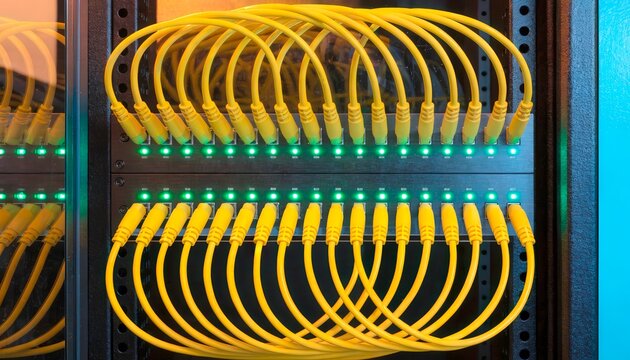 Network cables connect to a switch in a server room with lights on at night