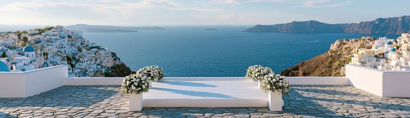 Obraz premium Romantic wedding ceremony setup overlooking caldera
