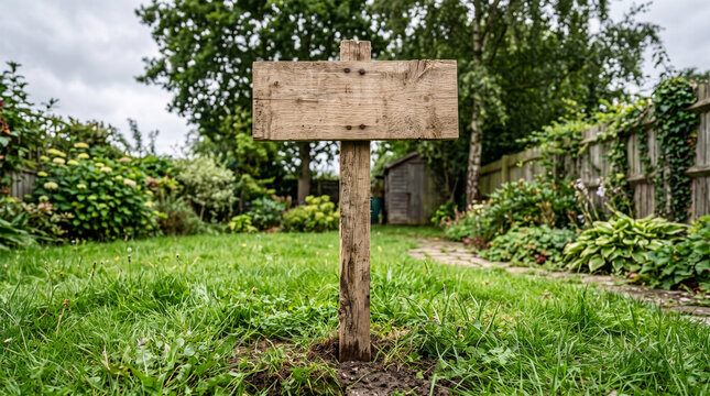Empty wooden sign board staked in a lush green garden lawn near a fence