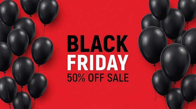 A vibrant red background featuring floating black balloons and bold text promoting a massive black friday fifty percent off sale
