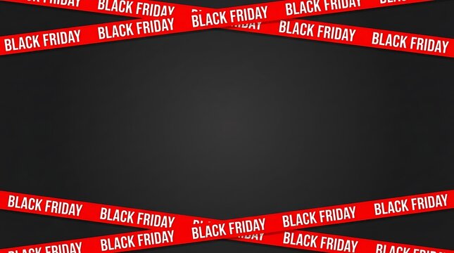 A dark background featuring red warning tape with black friday text patterns for seasonal retail shopping promotion sales events