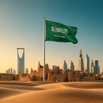 Saudi arabia buildings and flag banner design for national day.