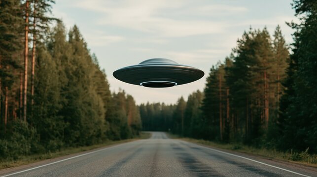 Mysterious flying saucer hovering over empty forest road