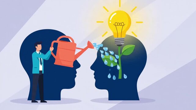Animated businessman watering plant to grow lightbulb idea concept
