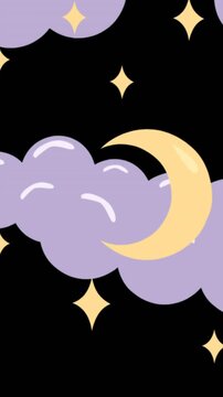 Animation of moon, stars and clounds moving on black background