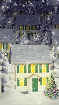 Animation of snow falling in night winter landscape with houses seen through window