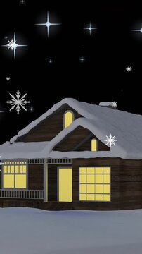 Animation of snow falling in winter landscape with house
