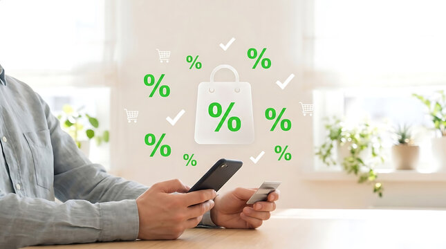 Mobile finance concept showing a smartphone user surrounded by percentage symbols, representing discounts, savings, interest rates, and digital payments.