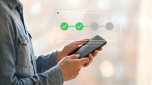 Mobile technology concept showing a smartphone user tracking digital progress, workflow completion, verification, and online services.