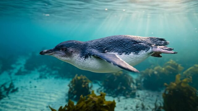 little penguin underwater close up at morning light in philip island australia video