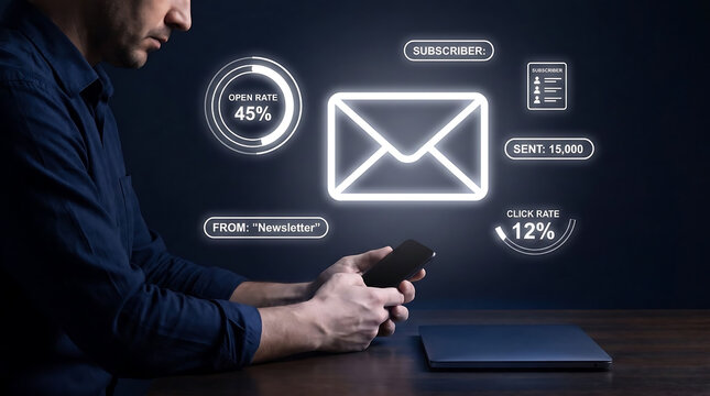 Digital email marketing concept showing a smartphone user, email message interface, campaign analytics, open rates, and engagement metrics.