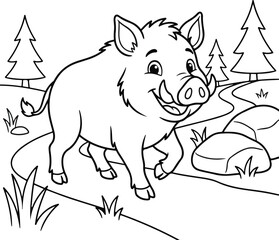 Fototapeta premium Cute wild boar coloring page for kids with pine trees