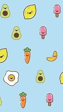 Animation of diverse cartoon food floating on blue background