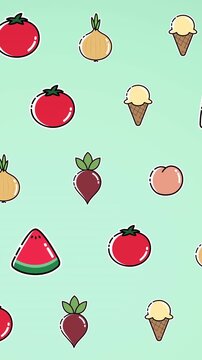 Animation of diverse cartoon food floating on green background