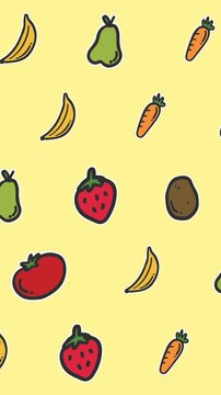 Animation of diverse cartoon food floating on yellow background