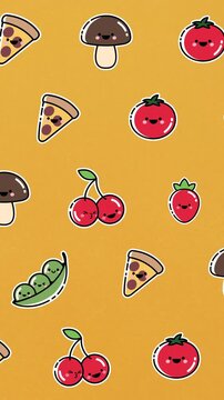 Animation of diverse cartoon food floating on orange background