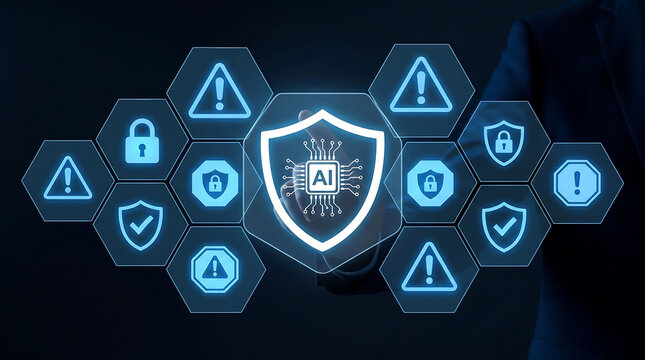 AI cybersecurity concept featuring a protected digital shield, threat detection, security alerts, encryption, and network protection.