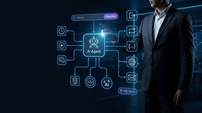 AI agent technology concept featuring a business professional, interconnected digital workflows, automation, and intelligent systems.