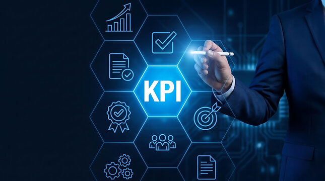 Business performance concept featuring KPI analytics, strategic targets, digital metrics, data visualization, and performance management.