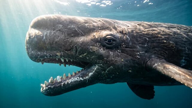 livyatan underwater close up at morning light in prehistoric pacific ocean video