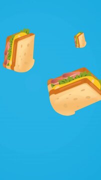 Animation of multiple cheese sandwiches floating on blue background