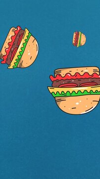 Animation of multiple cheeseburgers floating on blue background