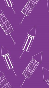 Animation of rocket fireworks in white on purple background