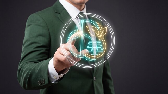 Professional businessman in green suit touches glowing neon holographic icon representing renewable energy solutions including wind turbine and solar panels against a dark gray background