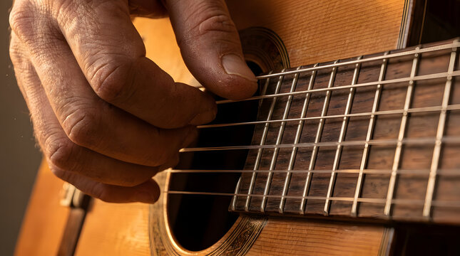 Musician playing a wooden acoustic guitar with expressive fingers pressing metal strings on the dark rosewood fretboard captured in a warm cinematic light during a detailed close up shot composition