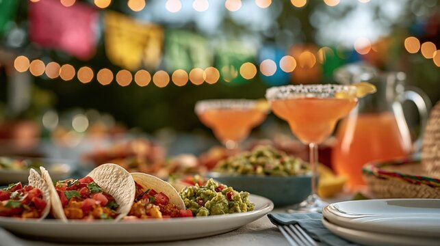 Festive outdoor dinner table with tacos and margaritas