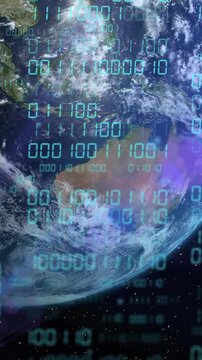 Binary code and data processing over Earth in space, digital technology concept