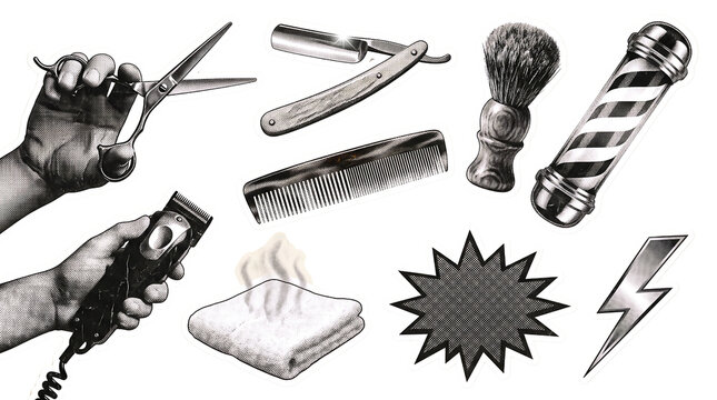 Barbershop tools set with scissors, razor, clippers and barber pole in vintage sketch style