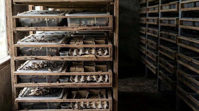 Cricket farm facility with insects in plastic breeding bins