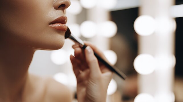 Close-up beauty routine with makeup brush and lip gloss in soft lighting