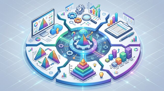 Isometric business analytics and process management data visualization