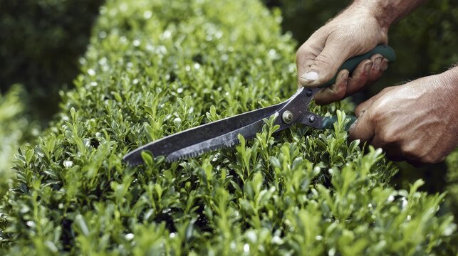 Pruning garden hedge with shears for precise landscaping in lush greenery