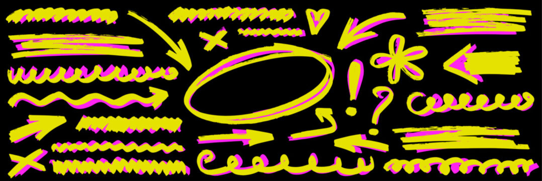Highlight marker arrow underline set. Hand drawn highlight marker arrow line pen brush circle doodle scribble streak. Cute neon yellow pink chalkboard poster sticker texture background. Vector illustr