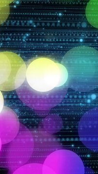 Animation of colorful bokeh lights over digital binary code background in school