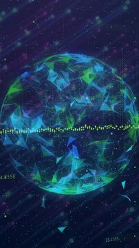 Animation of digital globe with data points and geometric shapes on dark background
