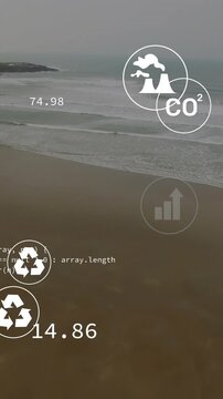 Animation overlaying icons and environmental data on coastal landscape with waves