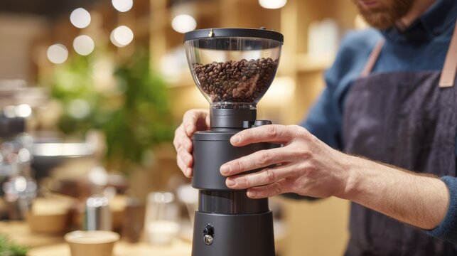 Barista adjusting modern coffee grinder in a cozy cafe setting