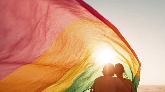 Embrace under a rainbow flag at sunset: celebration of love and freedom