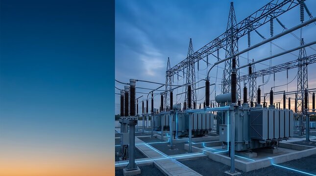 Modern high-voltage electrical substation at sunset, power distribution grid infrastructure.