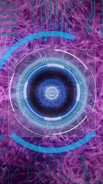 Animation of digital eye with circuits on abstract purple background