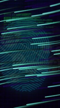 Fingerprint and digital data processing animation with dynamic light streaks