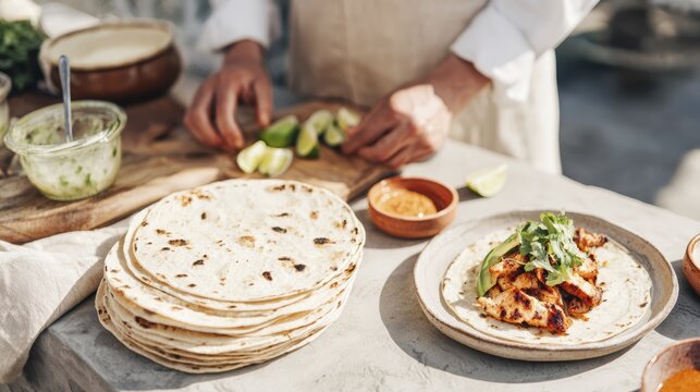 Chef preparing fresh tacos with grilled chicken and lime on stone countertop in outdoor setting