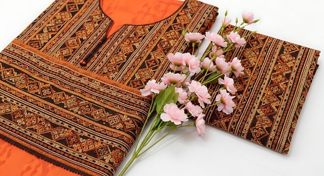 Orange traditional indian salwar kameez suit set with clothing, embroidery