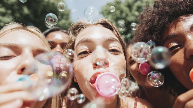 Joyful group of friends blowing bubbles outdoors on a sunny day