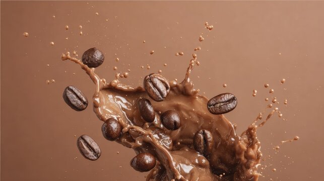 Coffee beans splashing in chocolate milk on brown background