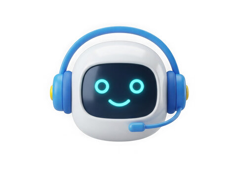 Cute 3D robot character wearing blue headphones with as transparent PNG